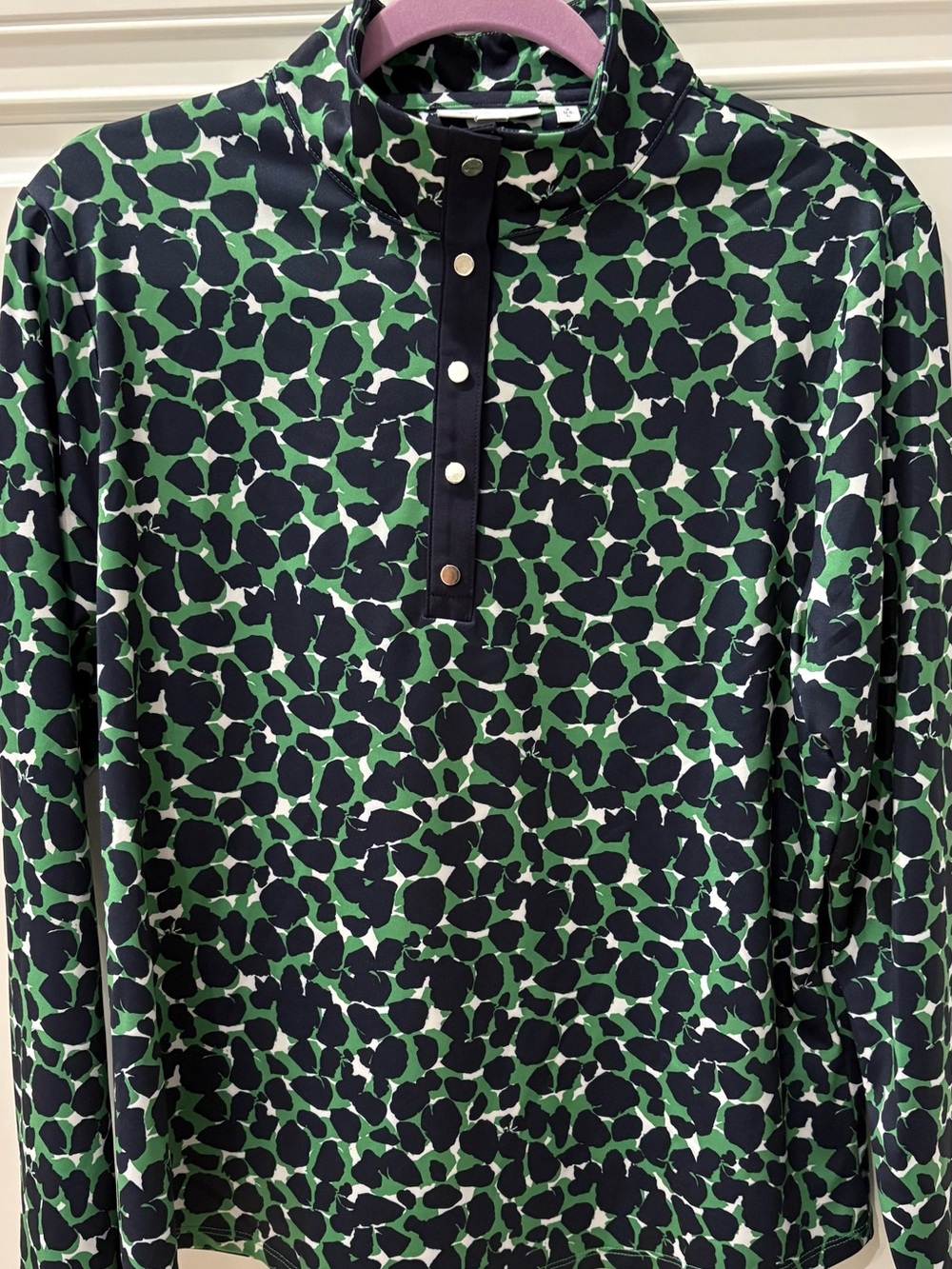 Chico’s Green & Navy Patterned Half Snap Placket Z Energy Long-Sleeve  Shirt